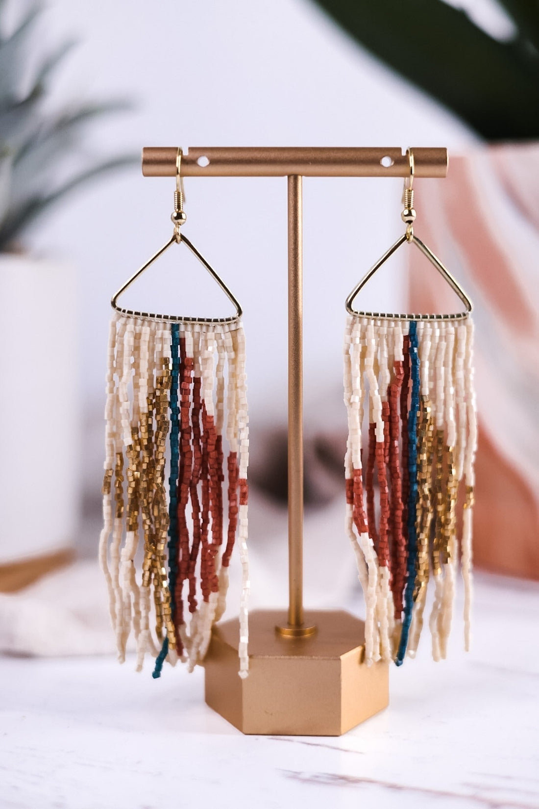 Erica Split Diamond Beaded Fringe Earrings Rust - Whiskey Skies