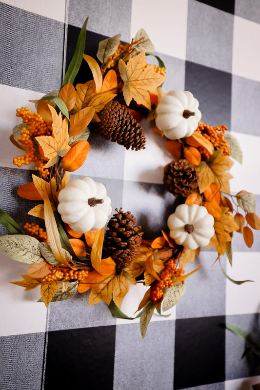 Fall Decor Wreath W/ White Pumpkins - Whiskey Skies