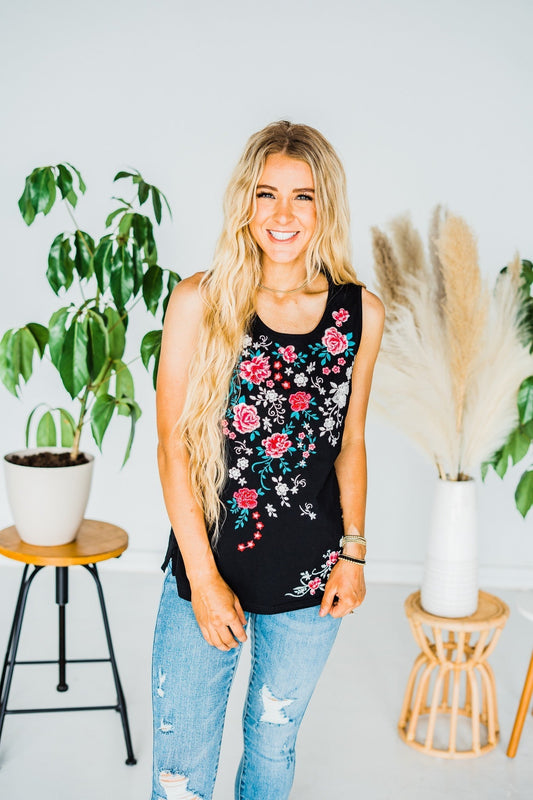 Floral Embroidered Black Tank Top - Whiskey Skies