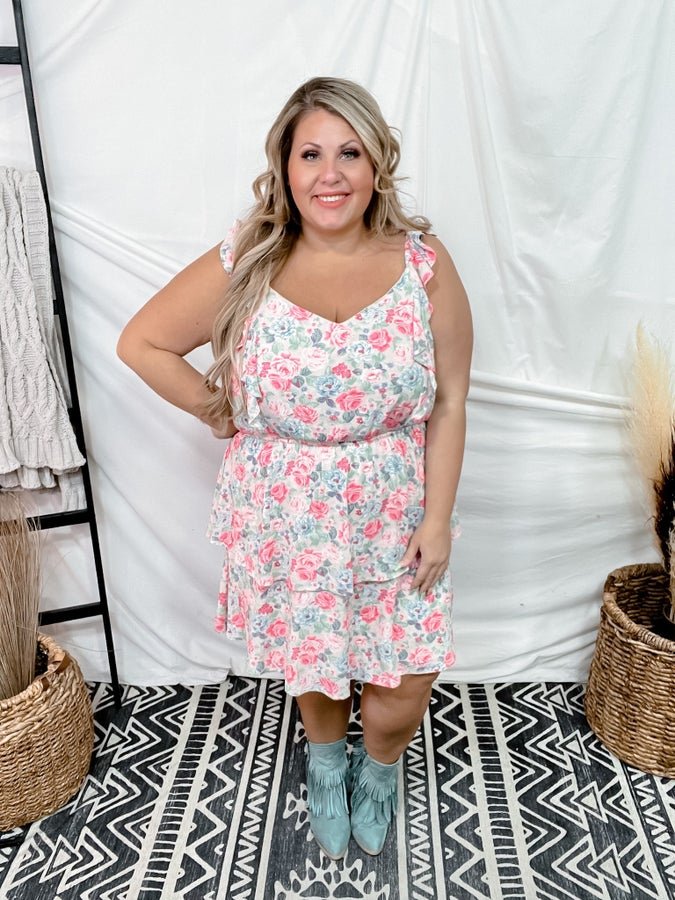Floral Fit And Flair Dress With Flutter Straps - Whiskey Skies