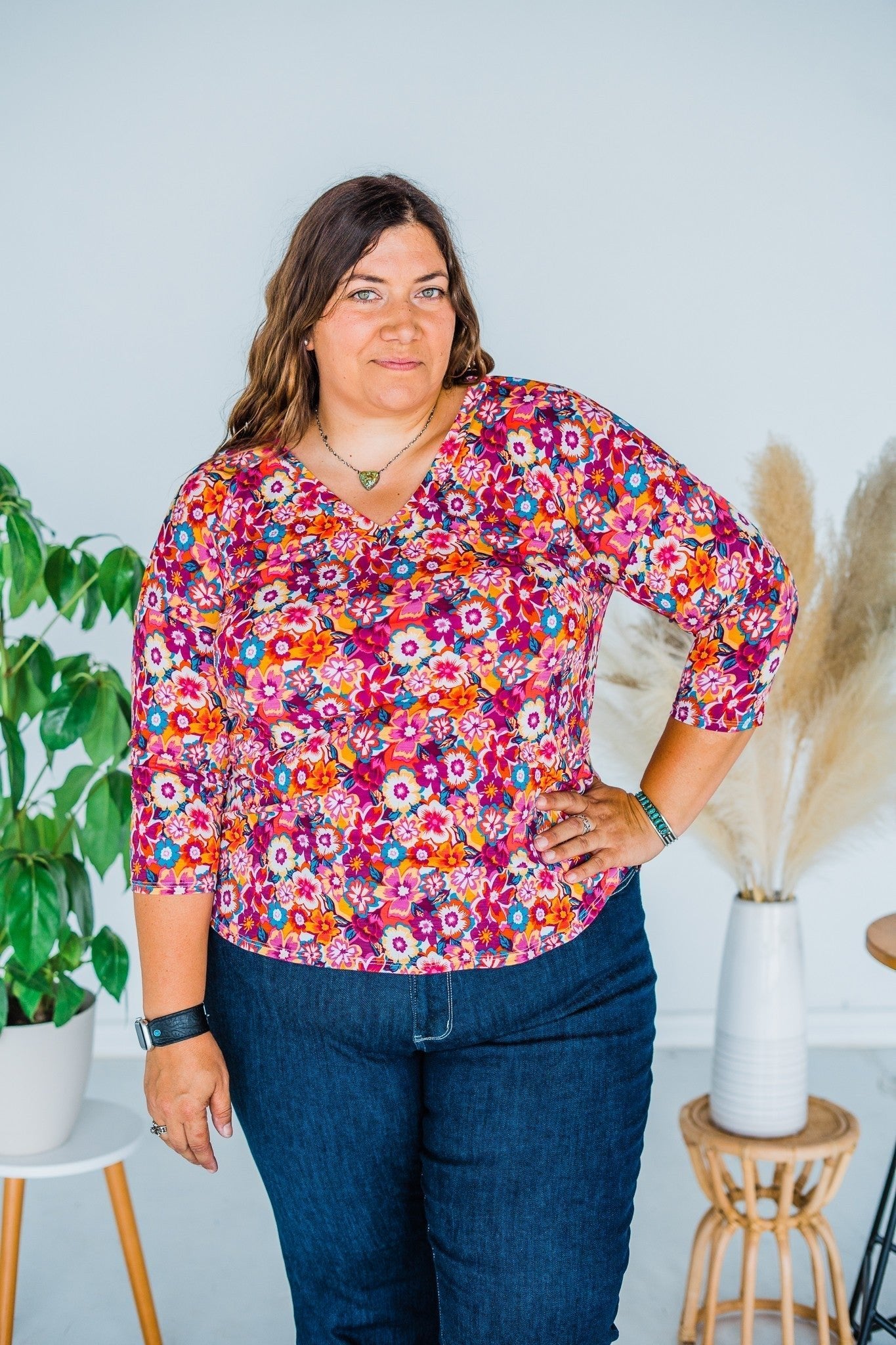 Floral V-Neck 3/4 Sleeve Top - Whiskey Skies