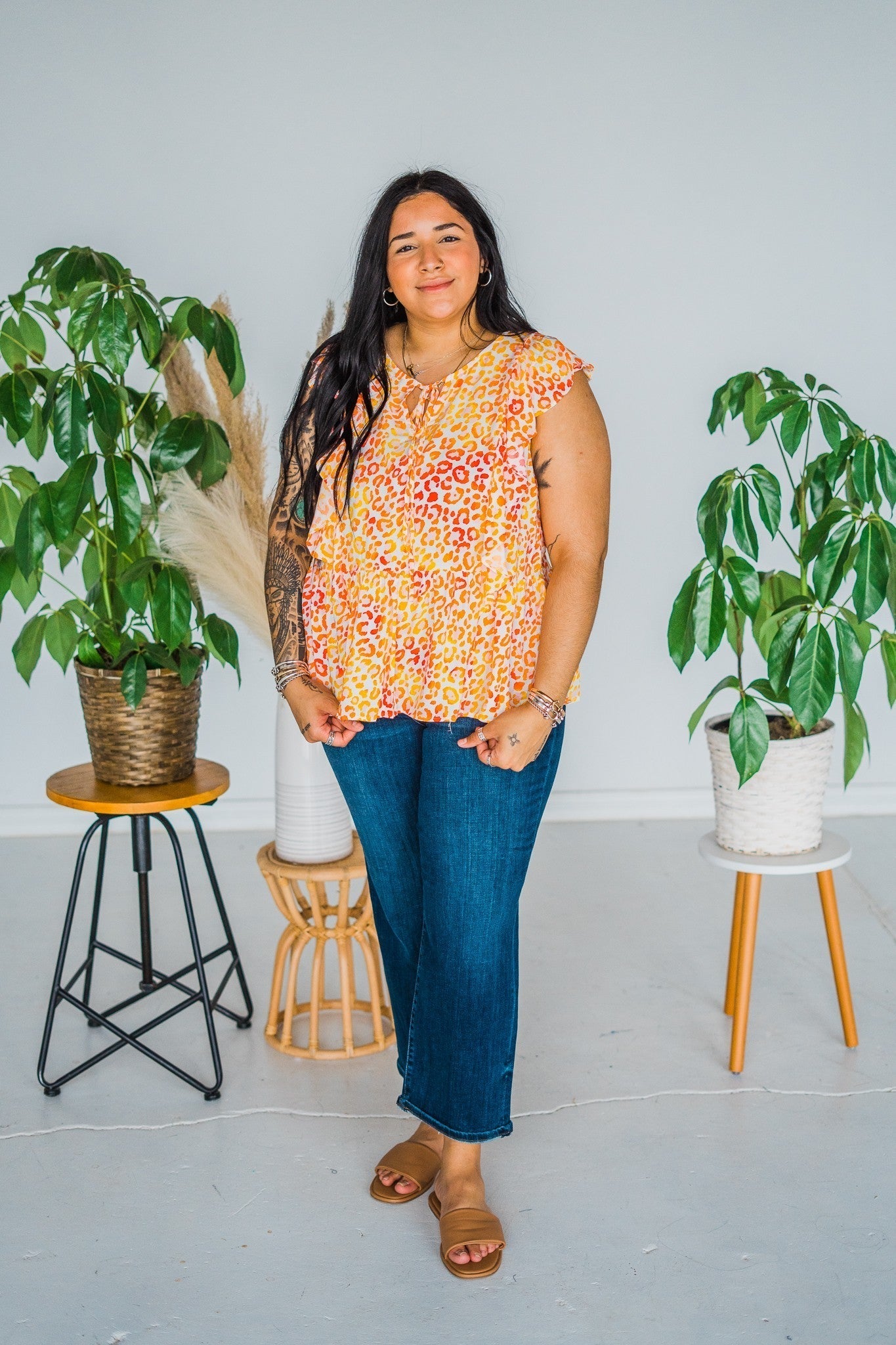 Flutter Sleeve Front Tie Top - Whiskey Skies