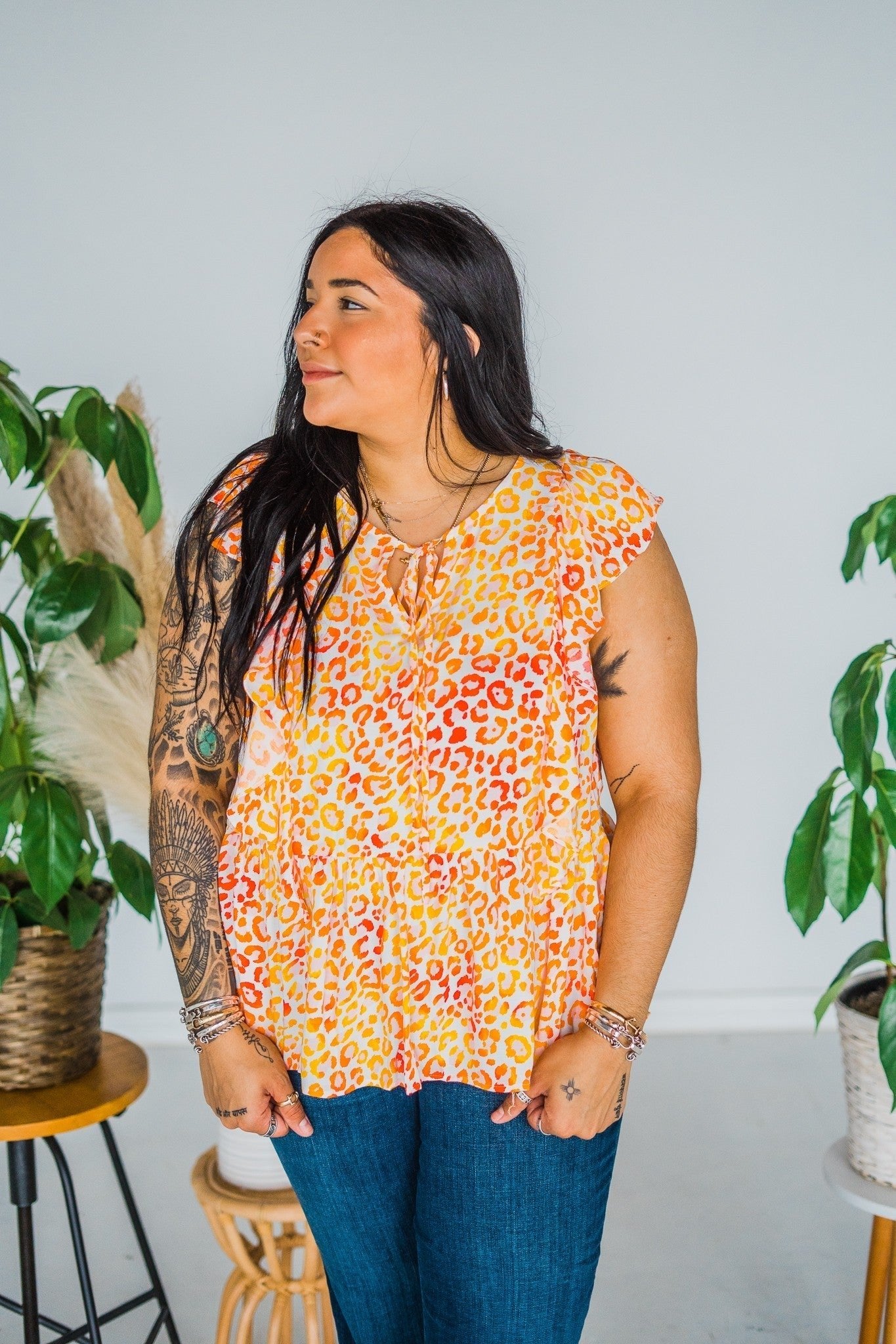Flutter Sleeve Front Tie Top - Whiskey Skies