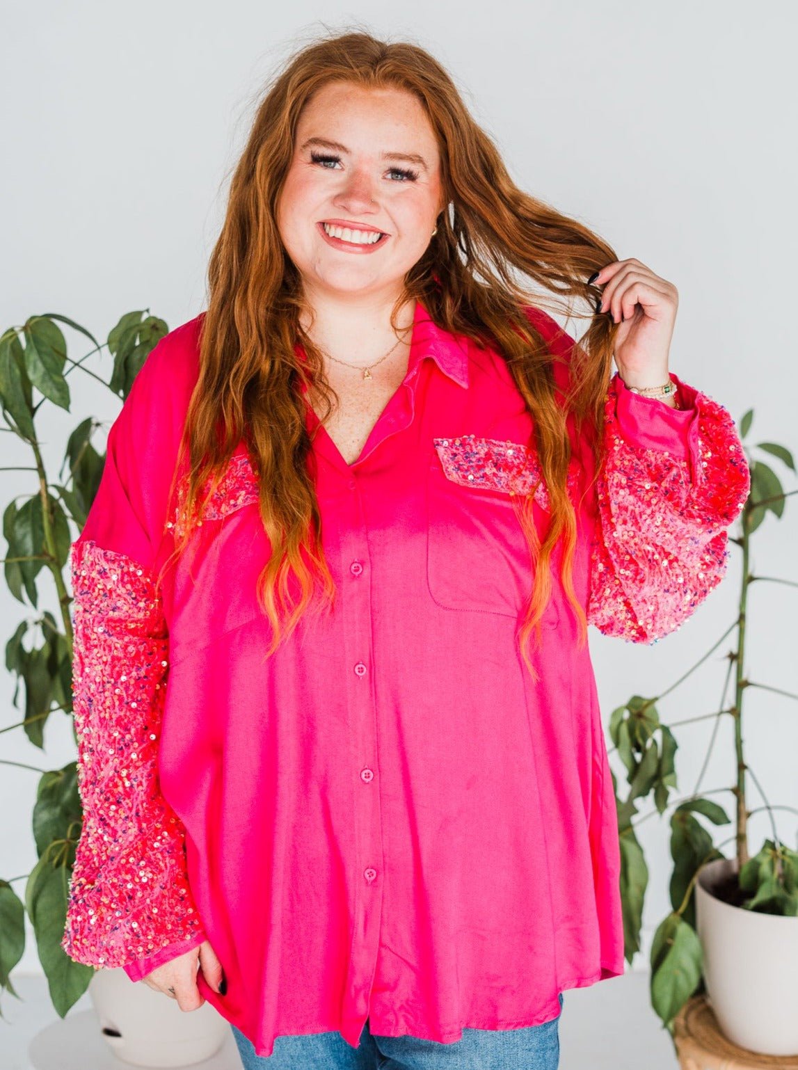 Fuchsia Long Sleeve Sequin Button Up Shirt - Whiskey Skies