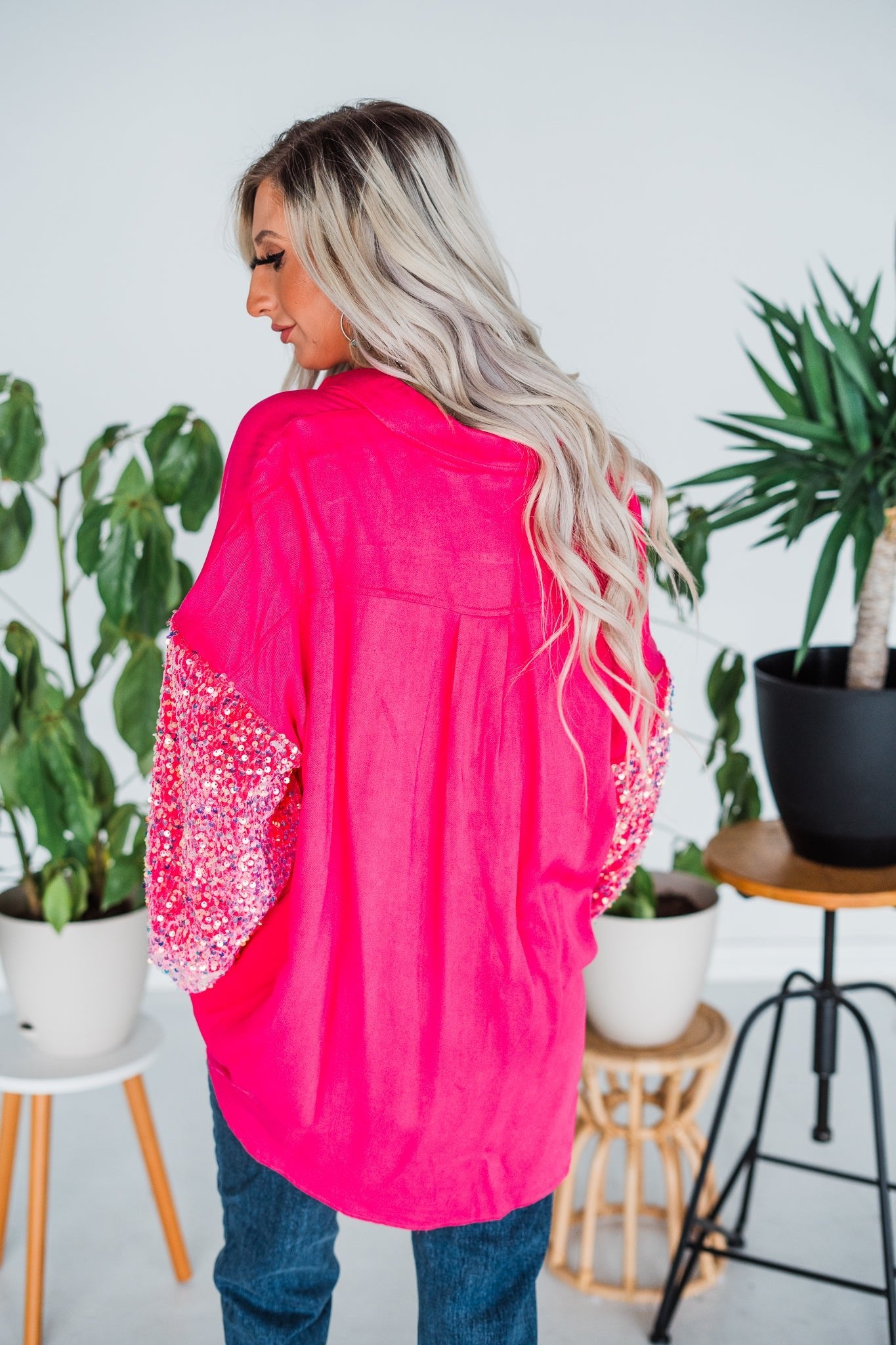Fuchsia Long Sleeve Sequin Button Up Shirt - Whiskey Skies