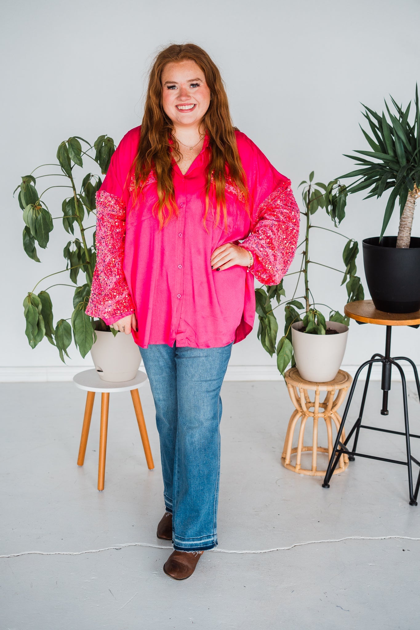 Fuchsia Long Sleeve Sequin Button Up Shirt - Whiskey Skies