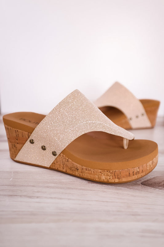 Gold Shimmer Wedge Sandals - Whiskey Skies