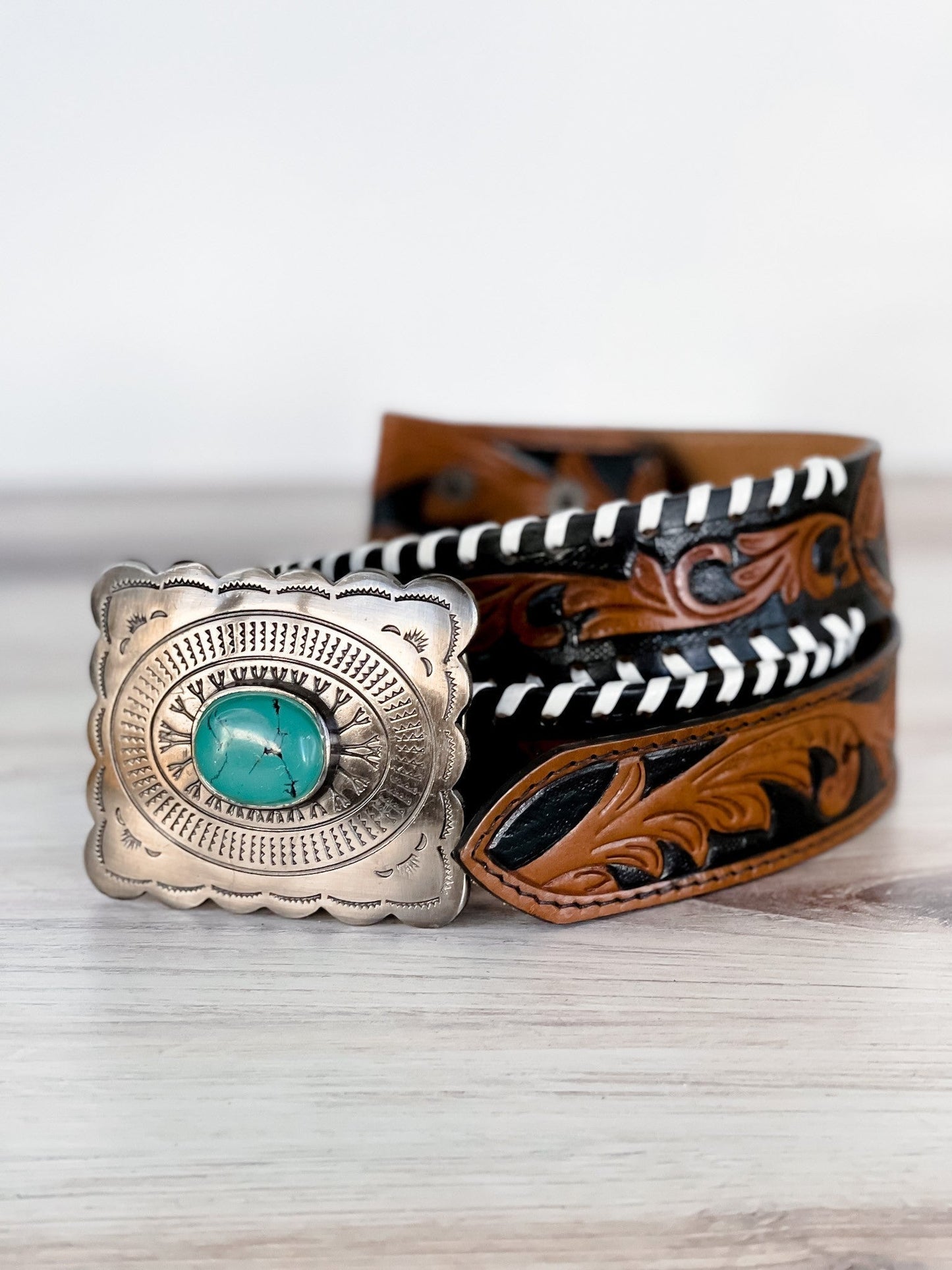 Grave Hand Tooled Leather Belt - Whiskey Skies