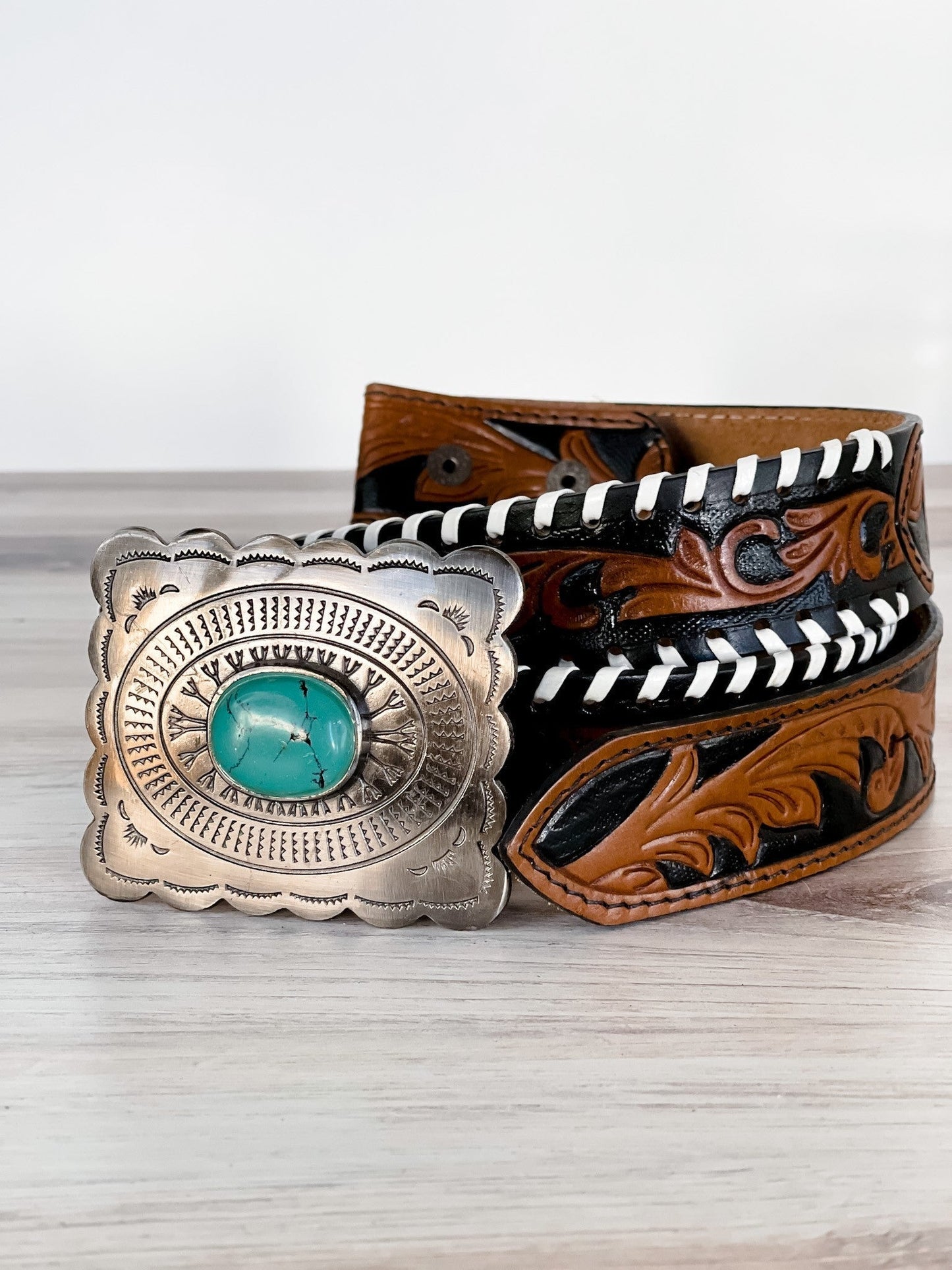 Grave Hand Tooled Leather Belt - Whiskey Skies