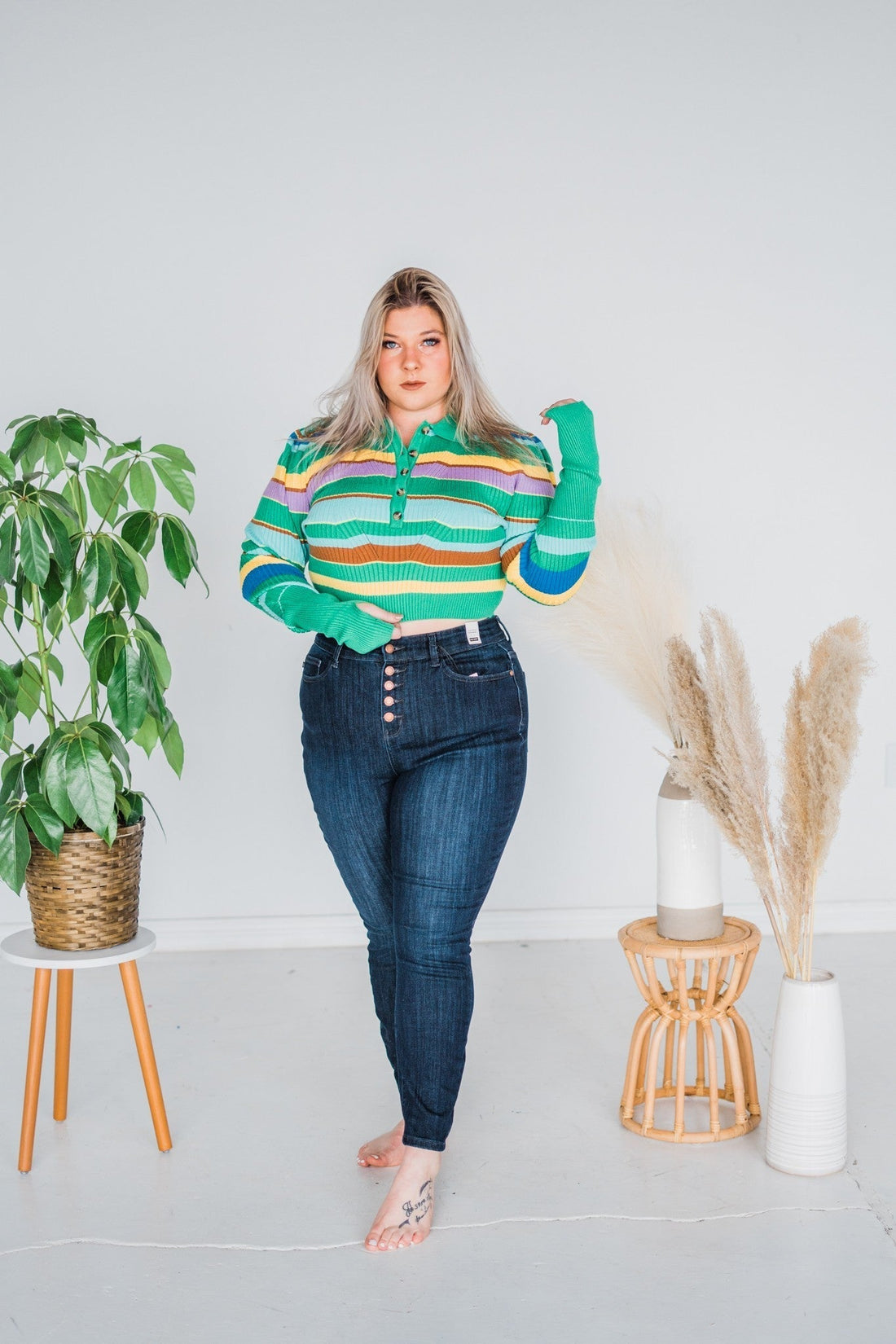 Green Stripped Cropped Sweater - Whiskey Skies