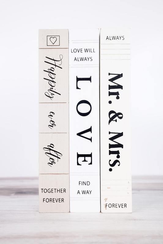 Happiness And Love Wood Book End Blocks (3 Styles) - Whiskey Skies