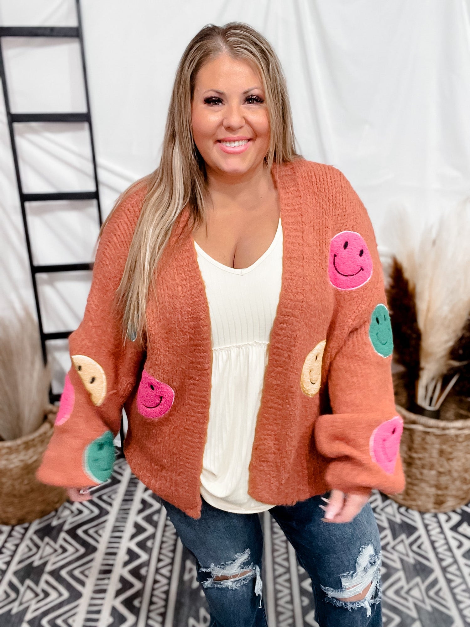 Happy Knit Cardigan With Bell Sleeves - Whiskey Skies
