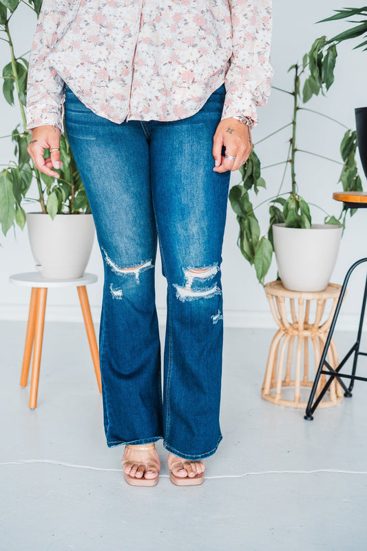 High-Rise Exposed Button Flare Jeans - Whiskey Skies