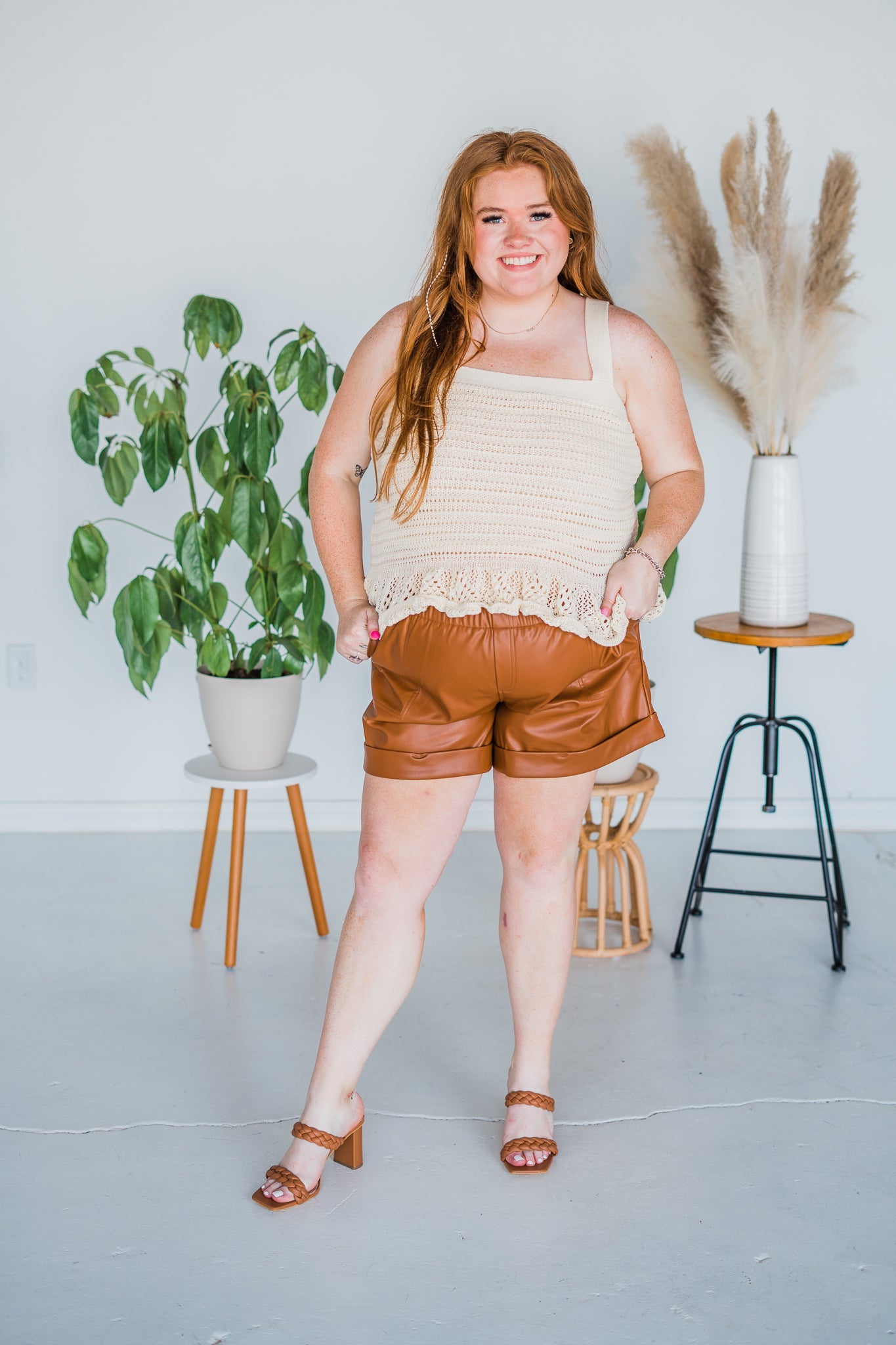 High Waisted Faux Cognac Leather Shorts - Whiskey Skies