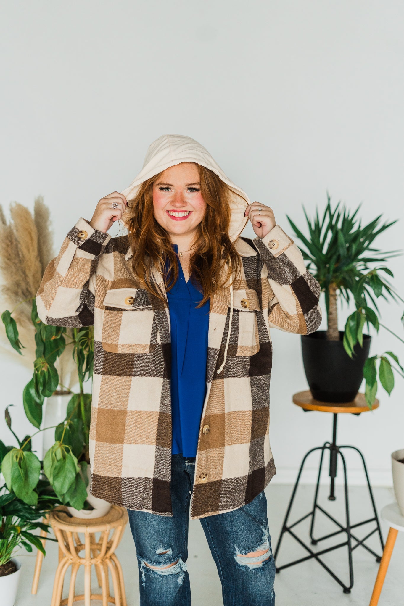 Hooded Plaid Button Front Shacket - Whiskey Skies