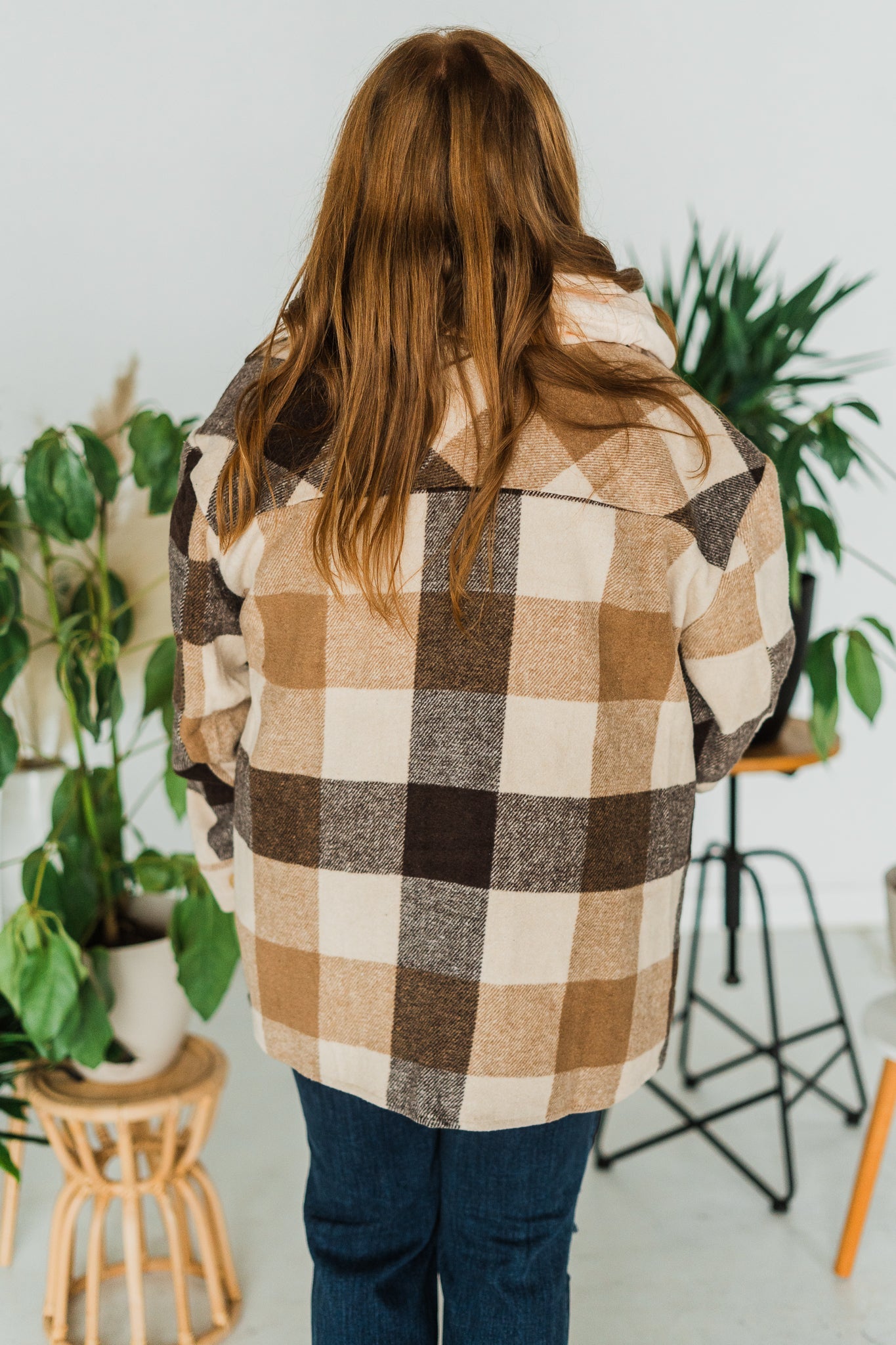 Hooded Plaid Button Front Shacket - Whiskey Skies