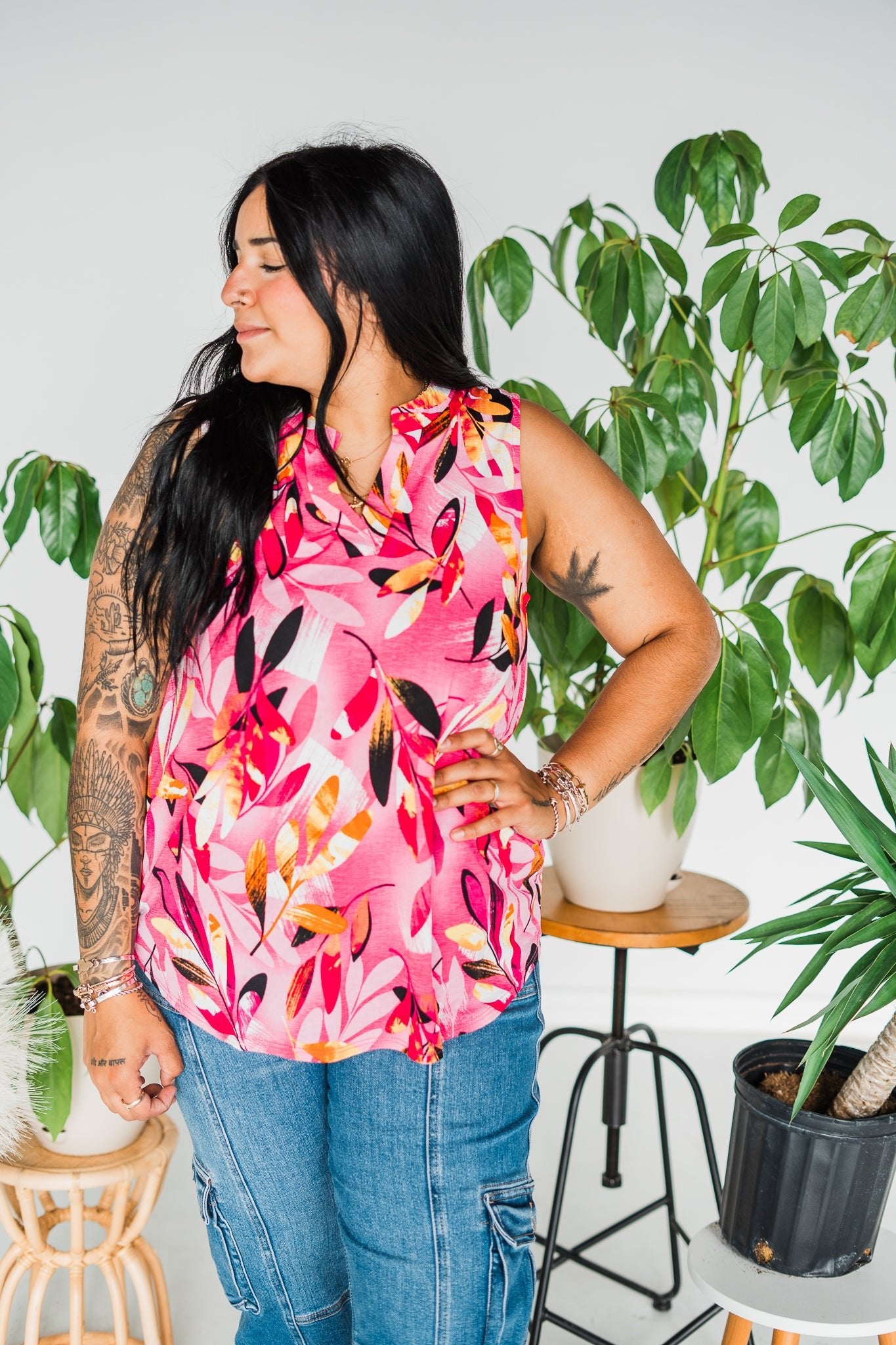 Hot Pink Floral V-Neck Sleeveless Top - Whiskey Skies
