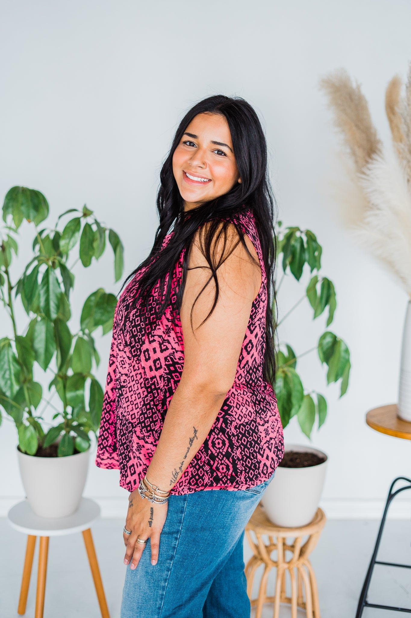 Hot Pink Patterned V-Neck Tank Top - Whiskey Skies