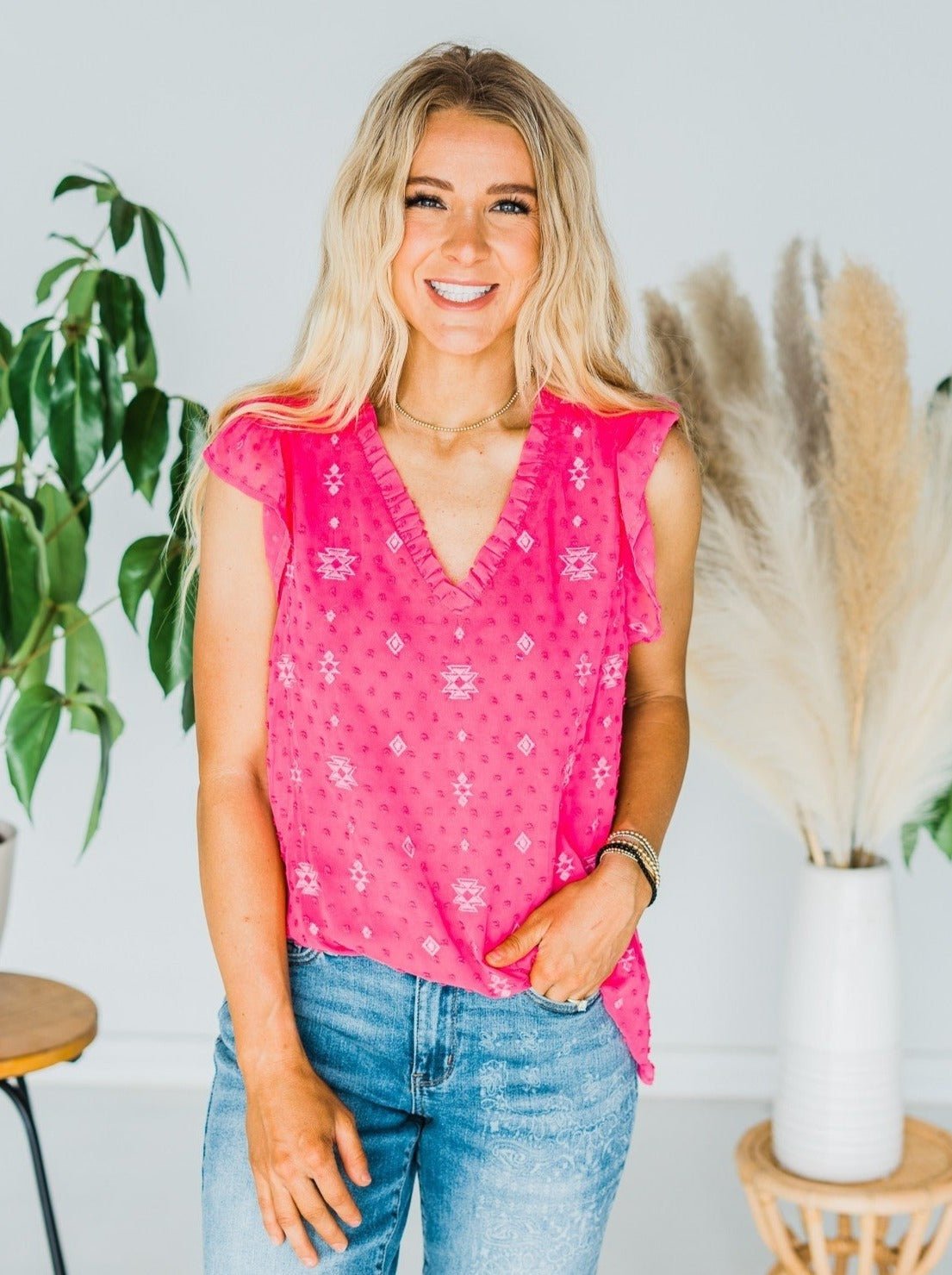 Hot Pink Swiss Dot Aztec Embroidery Top - Whiskey Skies