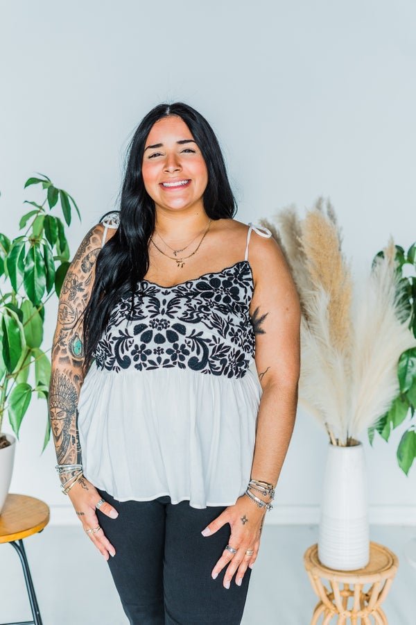 Floral Embroidered Black Tank Top - Whiskey Skies