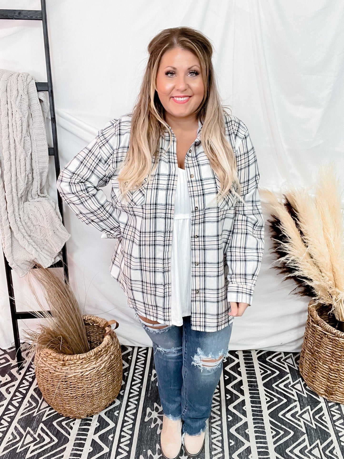 Ivory Tan Plaid Button Down With Detachable Hood - Whiskey Skies