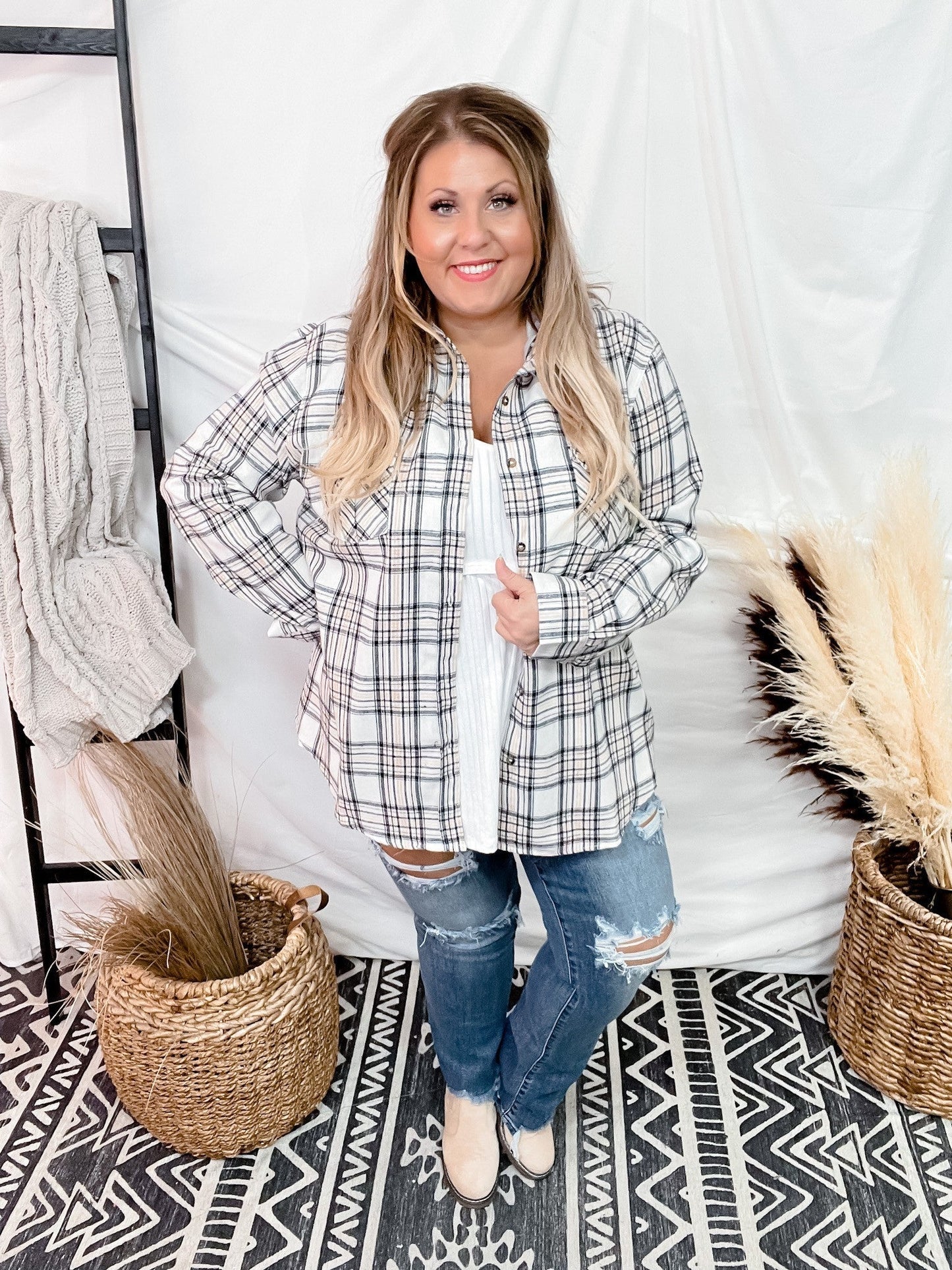 Ivory Tan Plaid Button Down With Detachable Hood - Whiskey Skies