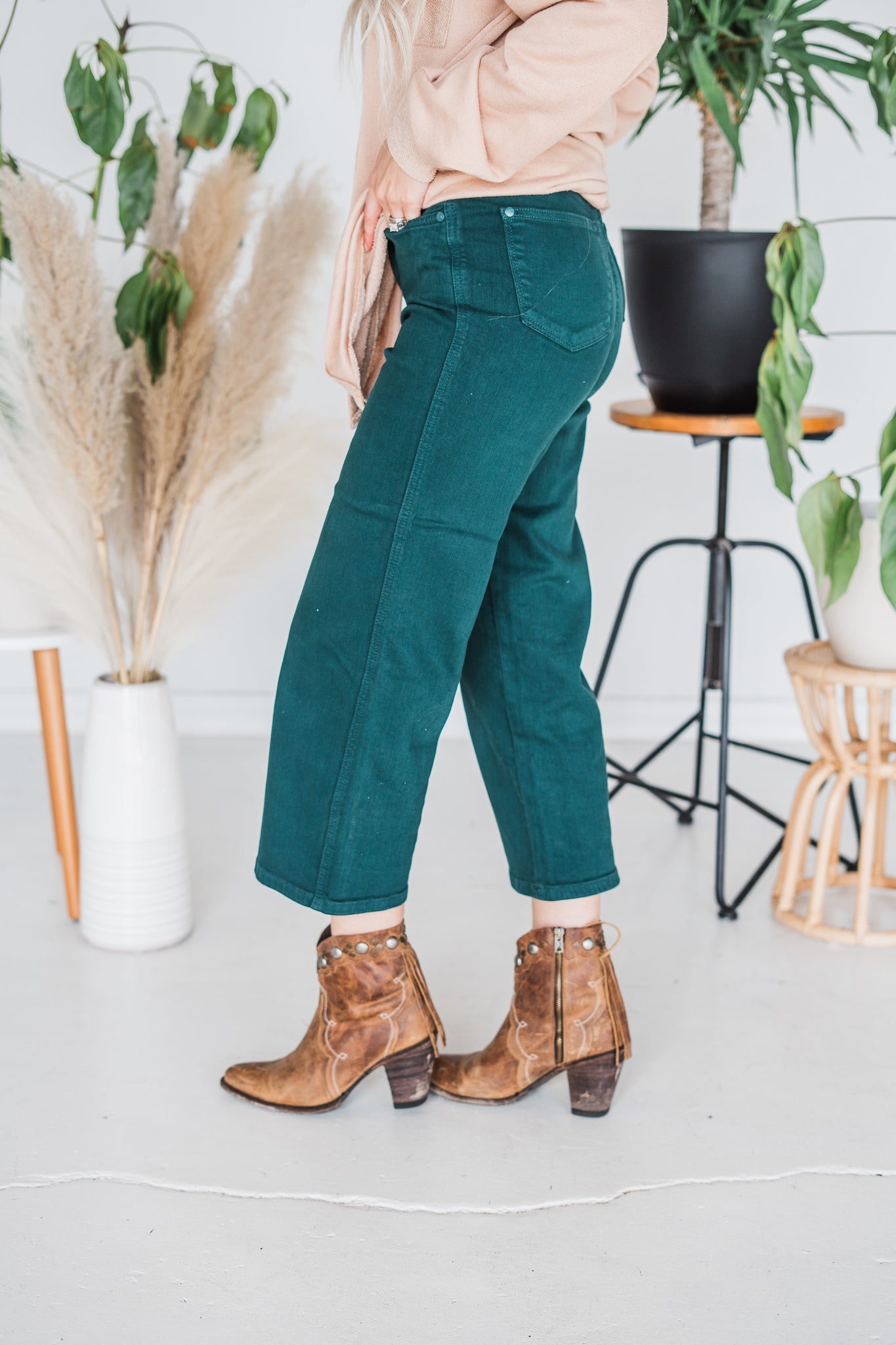 Jade Colored Judy Blue Cropped Wide Leg Tummy Control Jeans - Whiskey Skies