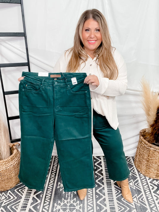 Jade Colored Judy Blue Cropped Wide Leg Tummy Control Jeans - Whiskey Skies