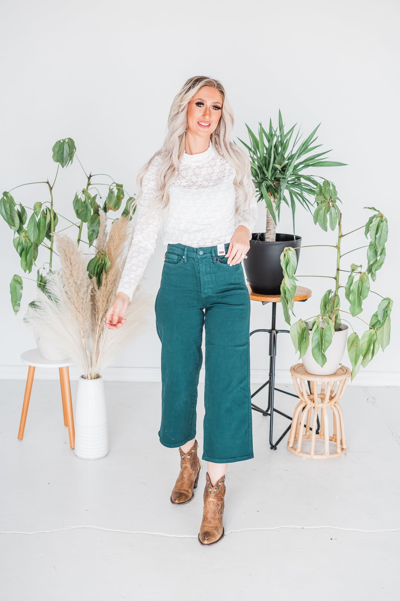Jade Colored Judy Blue Cropped Wide Leg Tummy Control Jeans - Whiskey Skies