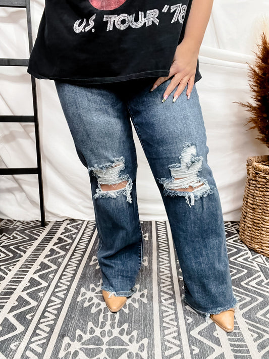 Judy Blue 90's Destroyed Knee Straight Jeans - Whiskey Skies