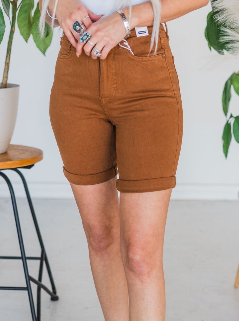 Judy Blue Brown Tummy Control Bermuda Shorts - Whiskey Skies