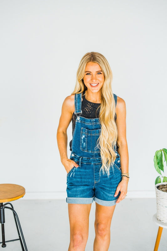 Judy Blue Destroyed & Double Cuff Shorts Overalls - Whiskey Skies