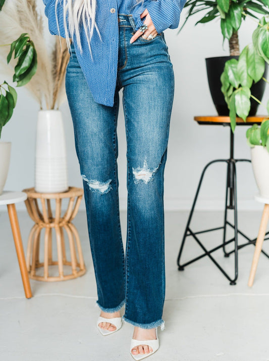 Judy Blue Destroyed Knee Straight Jeans - Whiskey Skies