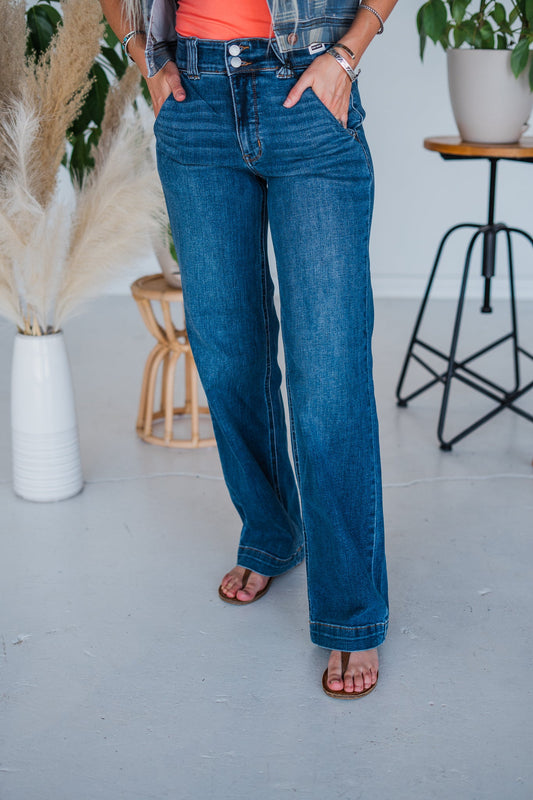 Judy Blue Double Button Wide Leg Jeans - Whiskey Skies