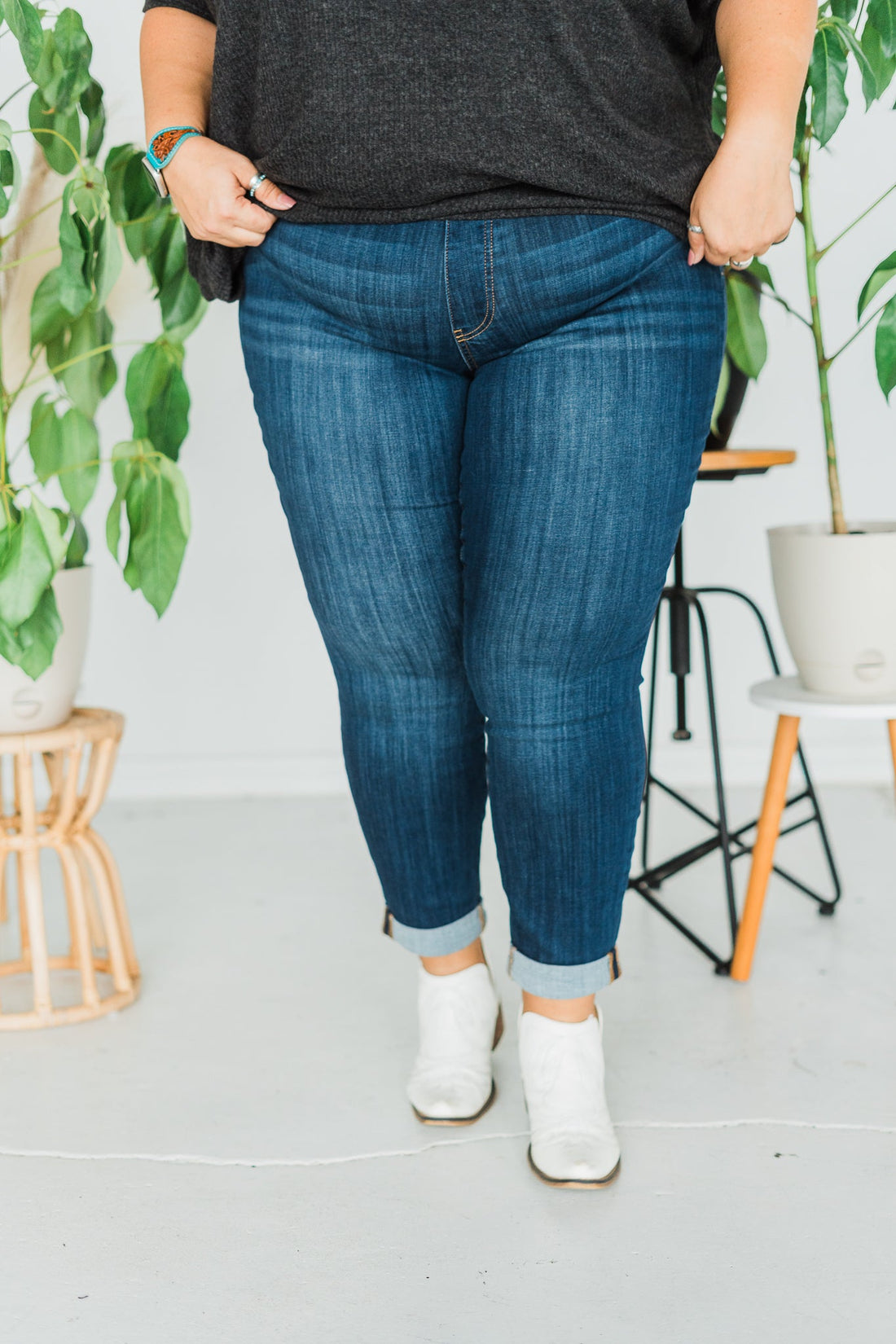 Judy Blue High Waist Pull On Double Cuff Slim Jeans - Whiskey Skies