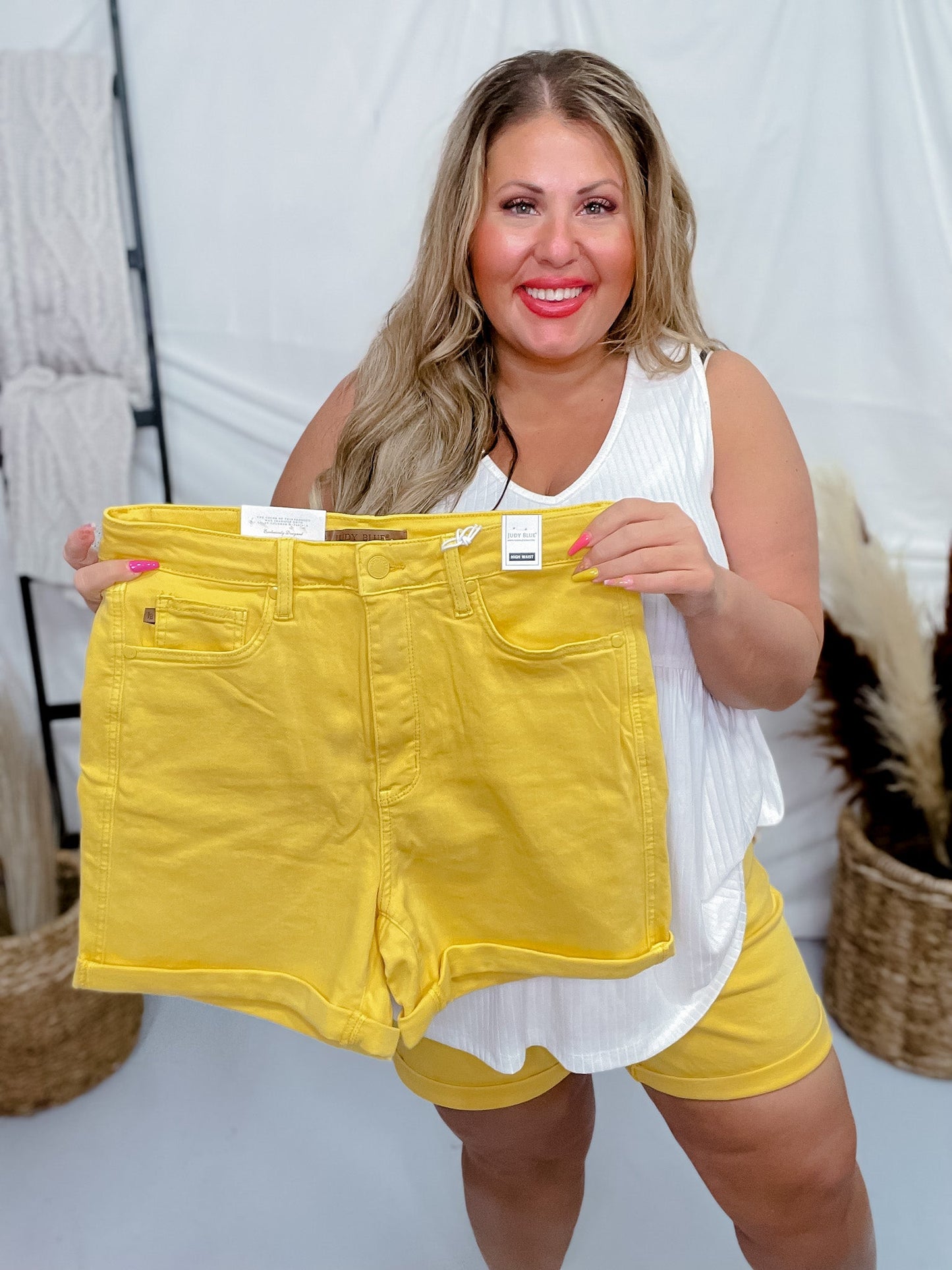 Judy Blue High Waist Tummy Control Yellow Garment Dyed Shorts - Whiskey Skies