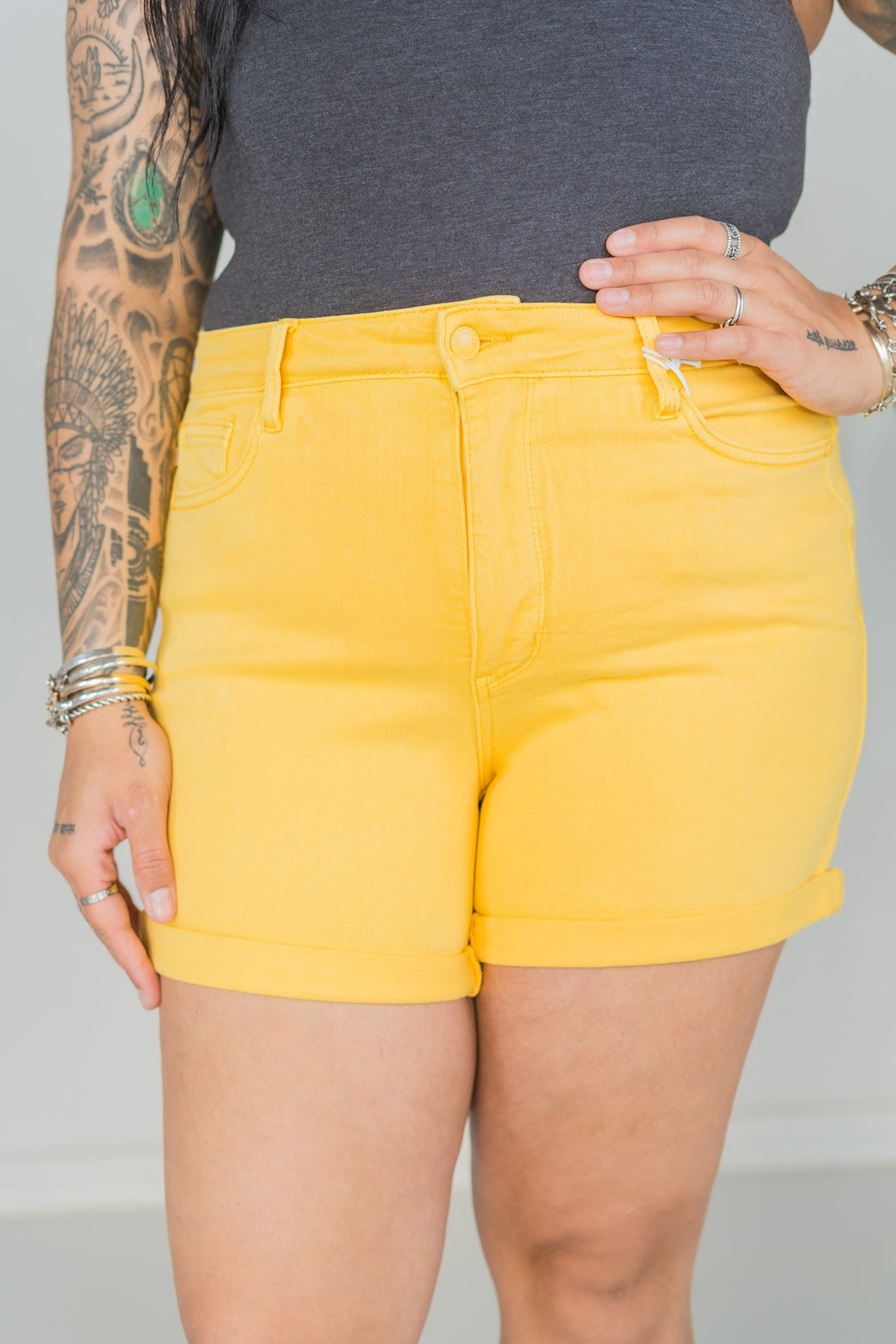 Judy Blue High Waist Tummy Control Yellow Garment Dyed Shorts - Whiskey Skies - JUDY BLUE