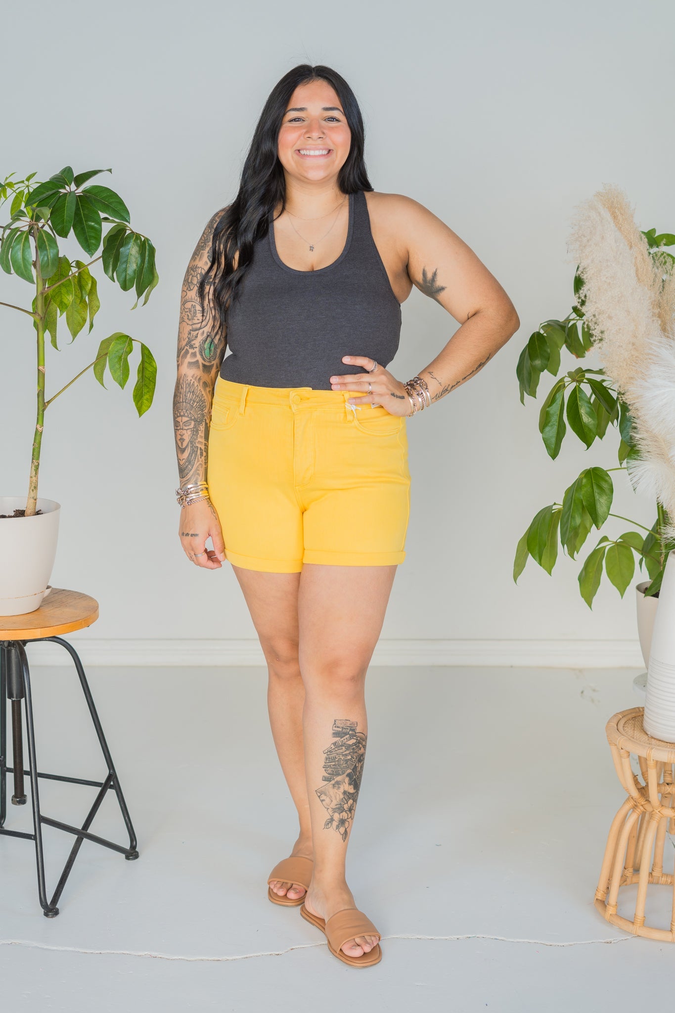 Judy Blue High Waist Tummy Control Yellow Garment Dyed Shorts - Whiskey Skies - JUDY BLUE