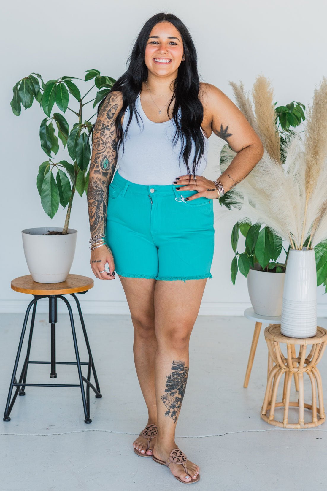 Judy Blue Mid Rise Aquamarine Garment Dyed Fray Hem Shorts - Whiskey Skies