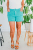 Judy Blue Mid Rise Aquamarine Garment Dyed Fray Hem Shorts - Whiskey Skies