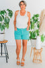 Judy Blue Mid Rise Aquamarine Garment Dyed Fray Hem Shorts - Whiskey Skies