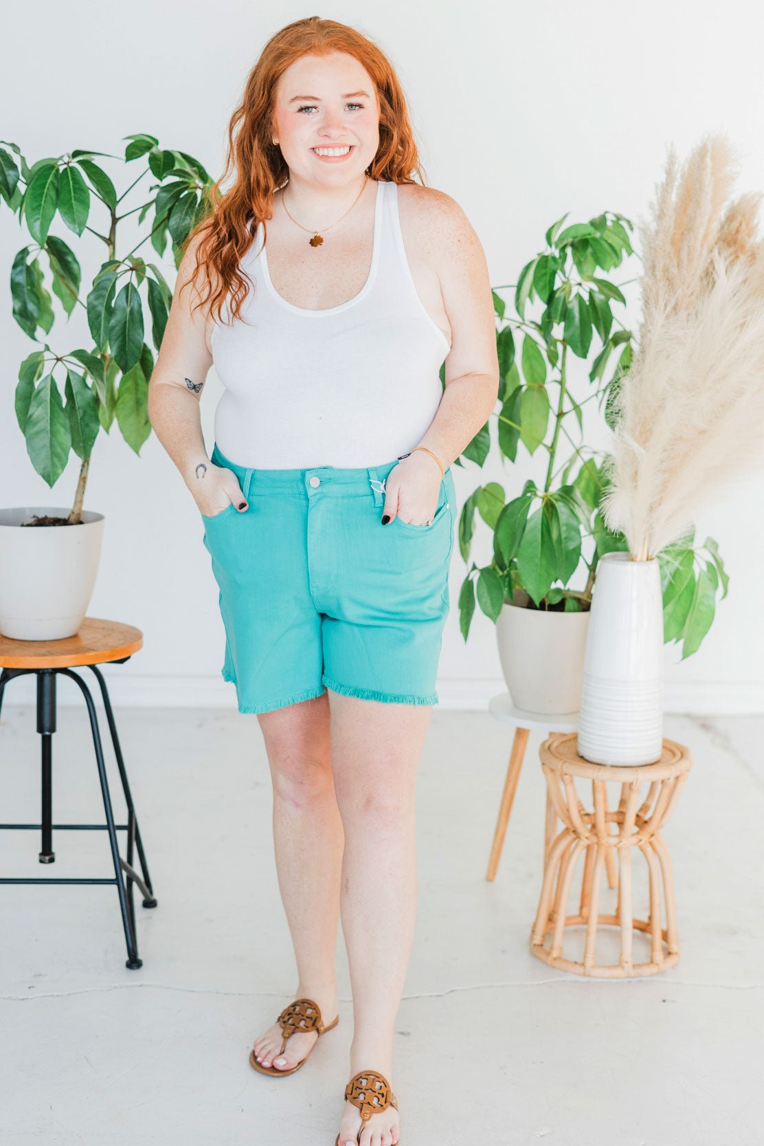 Judy Blue Mid Rise Aquamarine Garment Dyed Fray Hem Shorts - Whiskey Skies