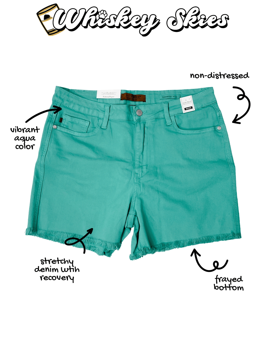 Judy Blue Mid Rise Aquamarine Garment Dyed Fray Hem Shorts - Whiskey Skies
