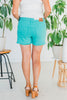 Judy Blue Mid Rise Aquamarine Garment Dyed Fray Hem Shorts - Whiskey Skies