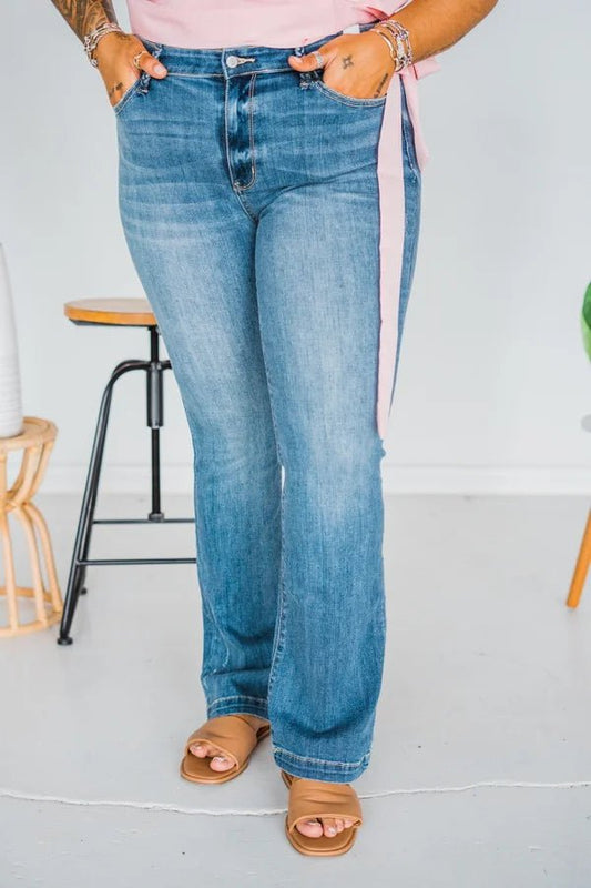 Judy Blue Mid-Rise Braided Belt Loops Slim Boot - Whiskey Skies