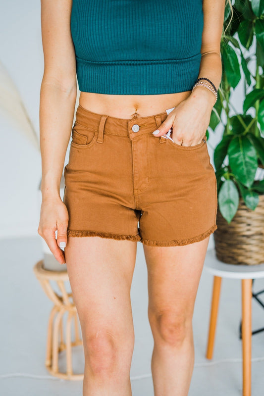 Judy Blue Mid Rise Brown Dyed Fray Hem Shorts - Whiskey Skies