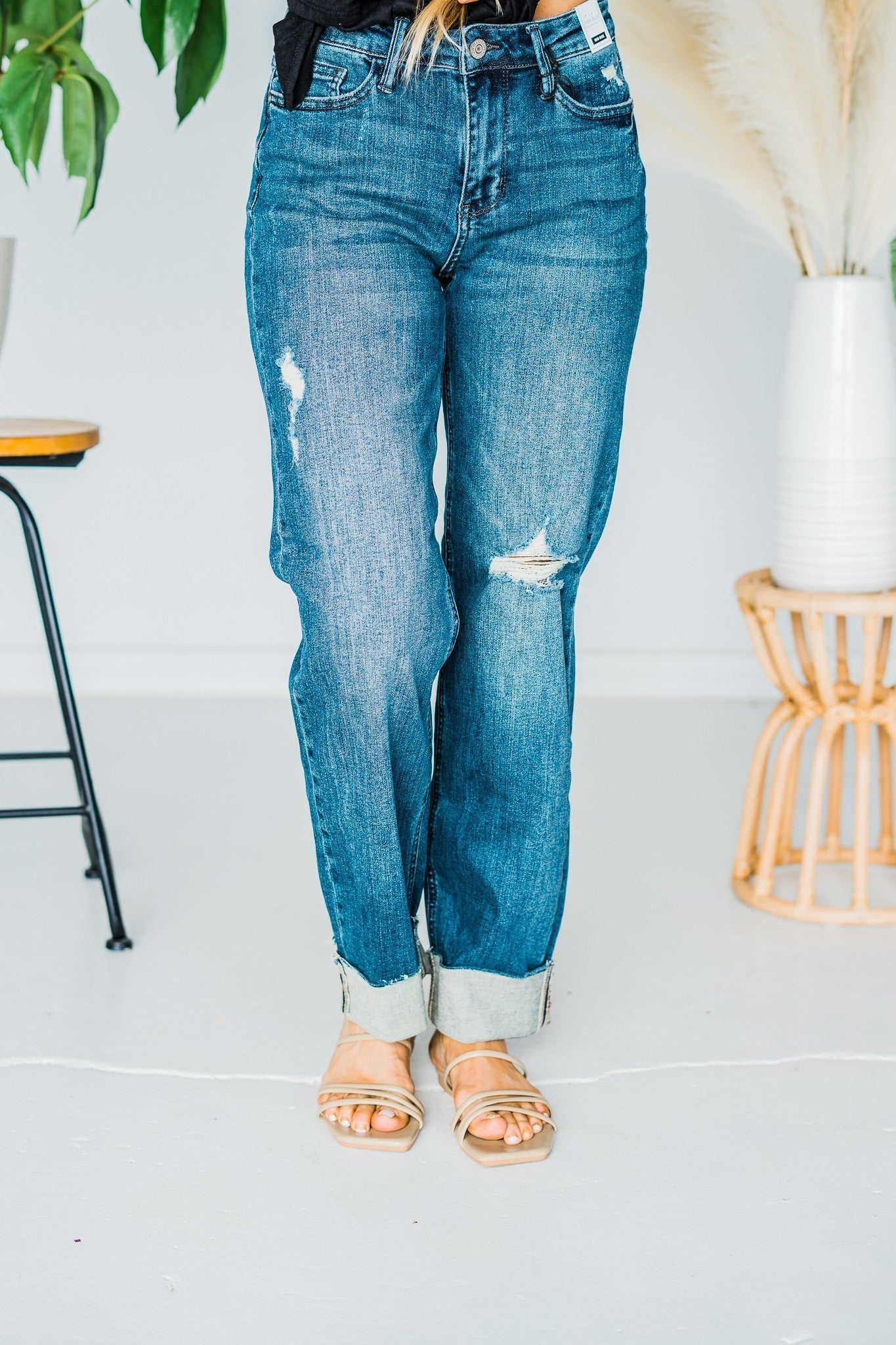 Judy Blue Mid Rise Destroy & Single Cuff Straight Dad Jeans - Whiskey Skies