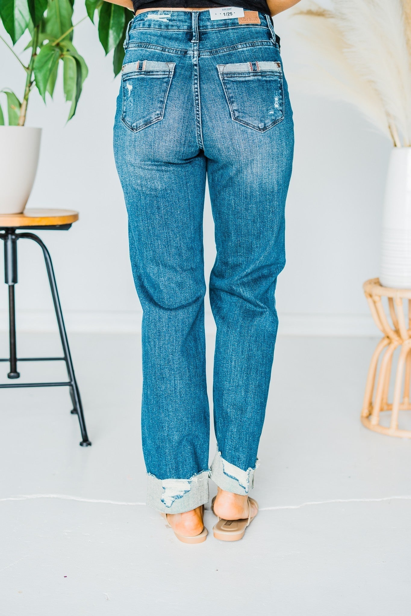 Judy Blue Mid Rise Destroy & Single Cuff Straight Dad Jeans - Whiskey Skies