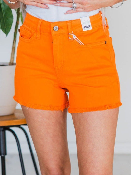 Judy Blue Mid Rise Orange Garment Dyed Fray Hem Shorts - Whiskey Skies