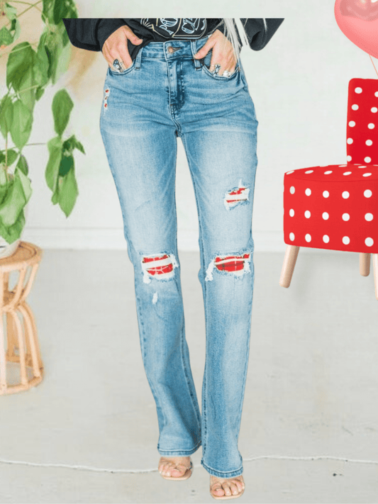Judy Blue Mid Rise Plaid Patch Detail Bootcut Jeans - Whiskey Skies